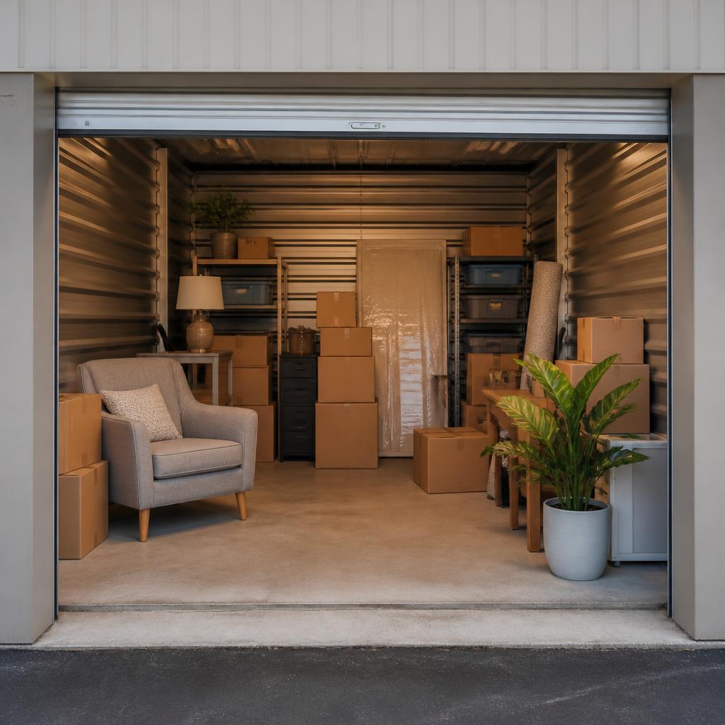 Illustrative storage space arranged with moving boxes and home furnishings